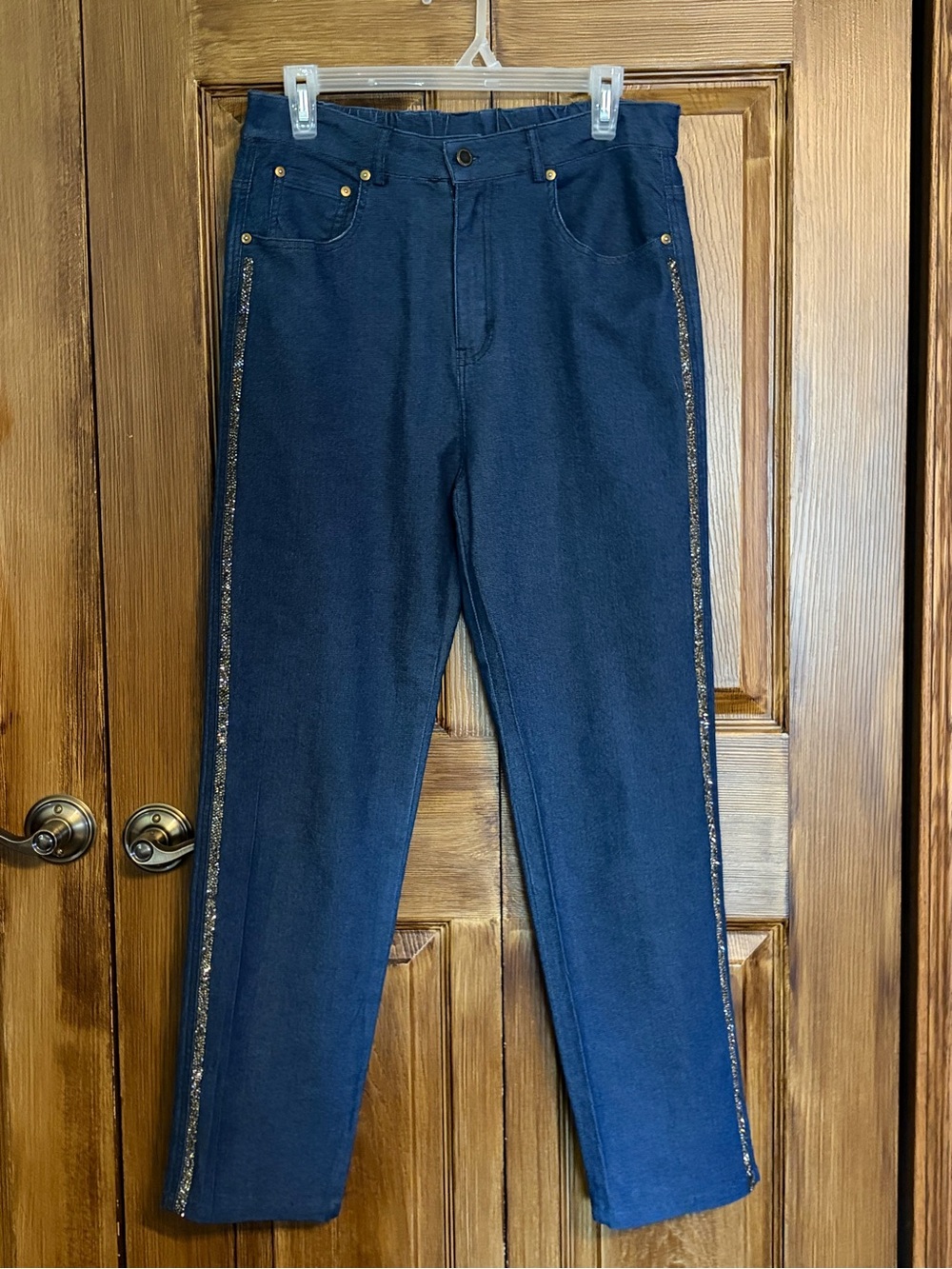 American Sweetheart Women’s Stretch Blue Jeans with Gold Metallic Bling SideTrim